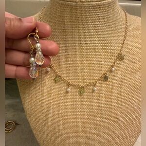 Gold Butterfly Pearl Charm Necklace with Crystal Drop Earrings
